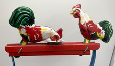 Vintage Tin Litho Metal Roosters Pecking Hand Squeeze Toy
