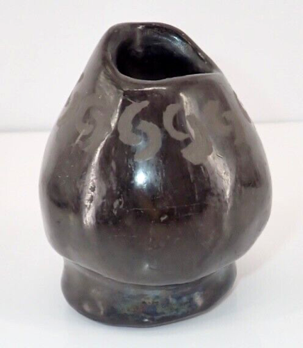 Santa Clara Carved Black Pottery Signed Ginger Mesko 01 Seed Bowl Rustic Vintage - Picture 2 of 11