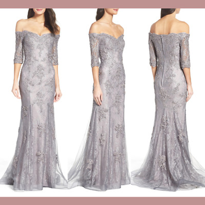 NEW $598 LA FEMME [ 4 ] Off the Shoulder Lace Mermaid Gown in Grey/Pink #Q181