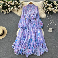 Vintage Women Lantern Sleeves Dress Drawstring Waist Long Sleeve Ruffle Dress