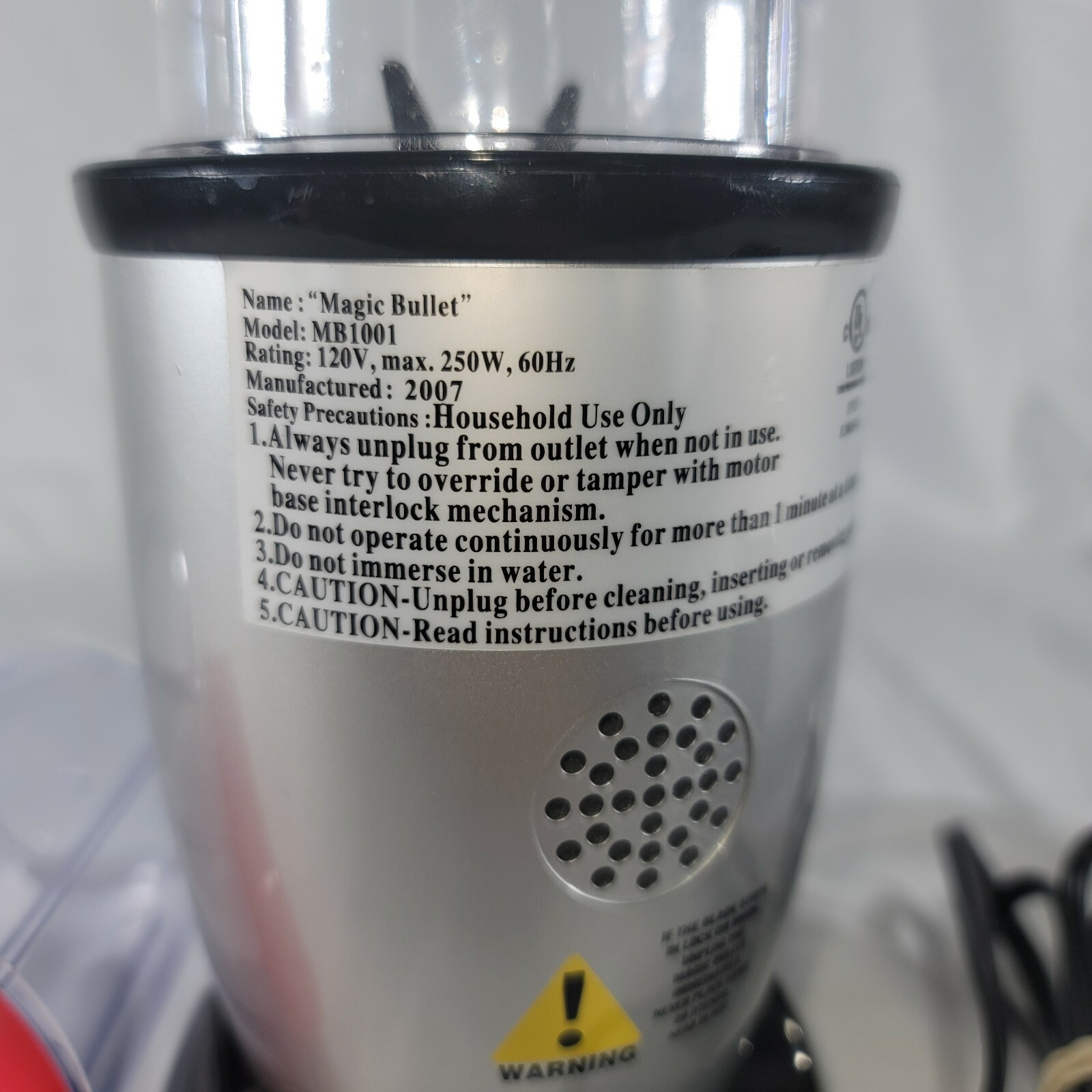 Magic Bullet MB1001 Original Pitcher Juicer Blender Lid Motor Base Silver
