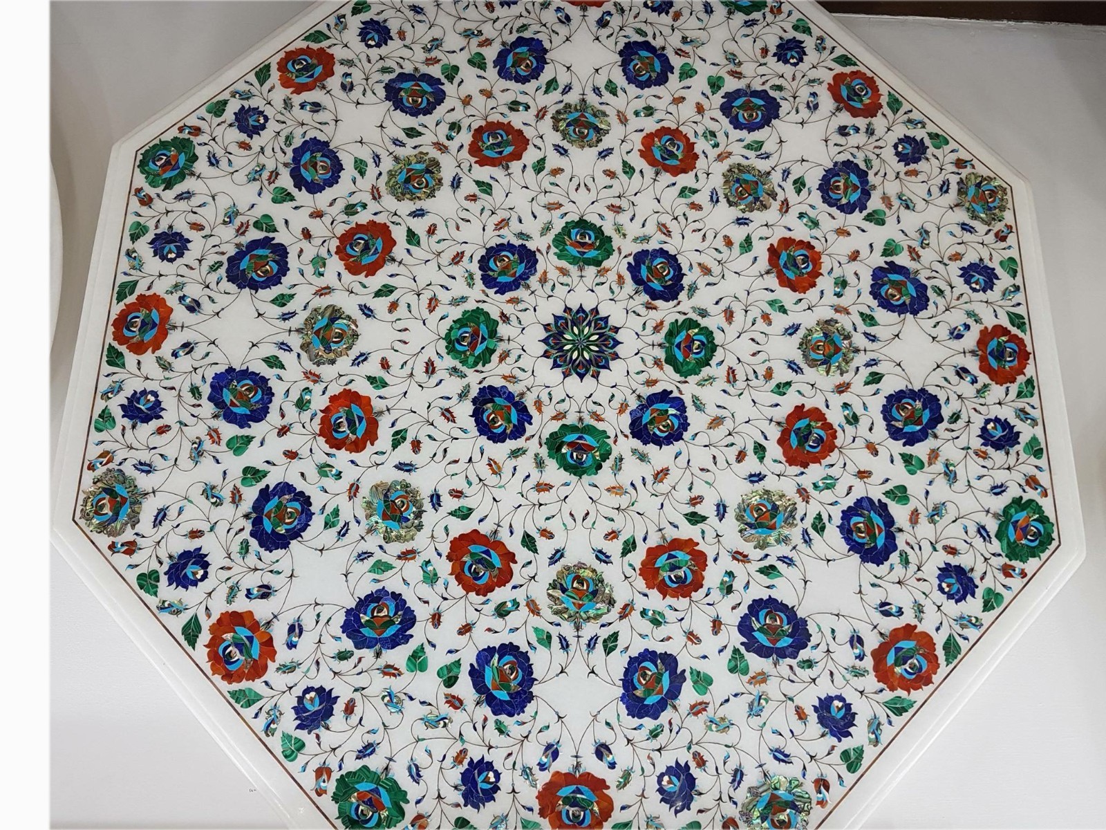 42-Inch White Marble Tabletop with Exquisite Pietra Dura Floral Inlay Design