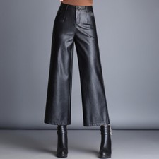 Lady PU Leather Pant Wide Leg High Waist Straight Casual Trouser Pockets Fashion