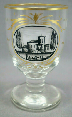 Bohemian Hand Enameled Italian Villa Glass Goblet / Footed Tumbler C.1830-1840s
