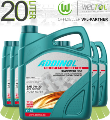 5x4 Liter Addinol Superior 030 Leichtlaufmotorenöl 0W-30 API SN CF ACEA A3 B4 