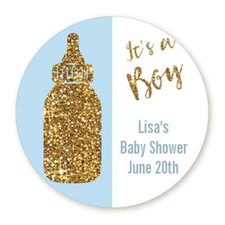 It's A Boy Gold Glitter Bottle - Round Personalized Baby Shower Sticker Labels