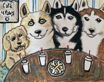 Husky and Poodle Cafe Art Print 11x14 Signed by KSams Collectible Vintage Style