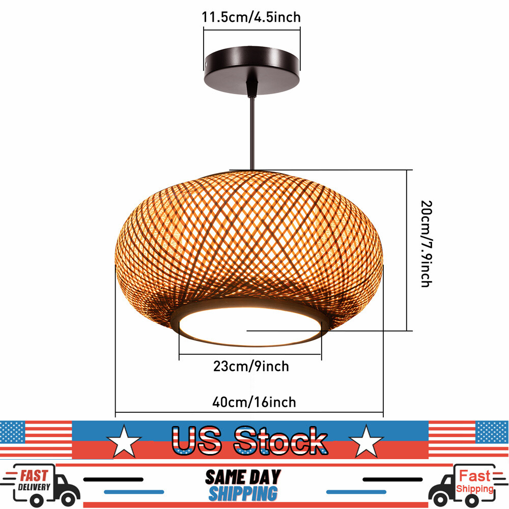 Ceiling Hanging Lamp Bamboo Wicker Vintage Rattan Lantern Pendant Light Fixture