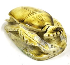 Vintage Yellow Egyptian Scarab Beetle – 4" Glazed Stoneware with Hieroglyphics