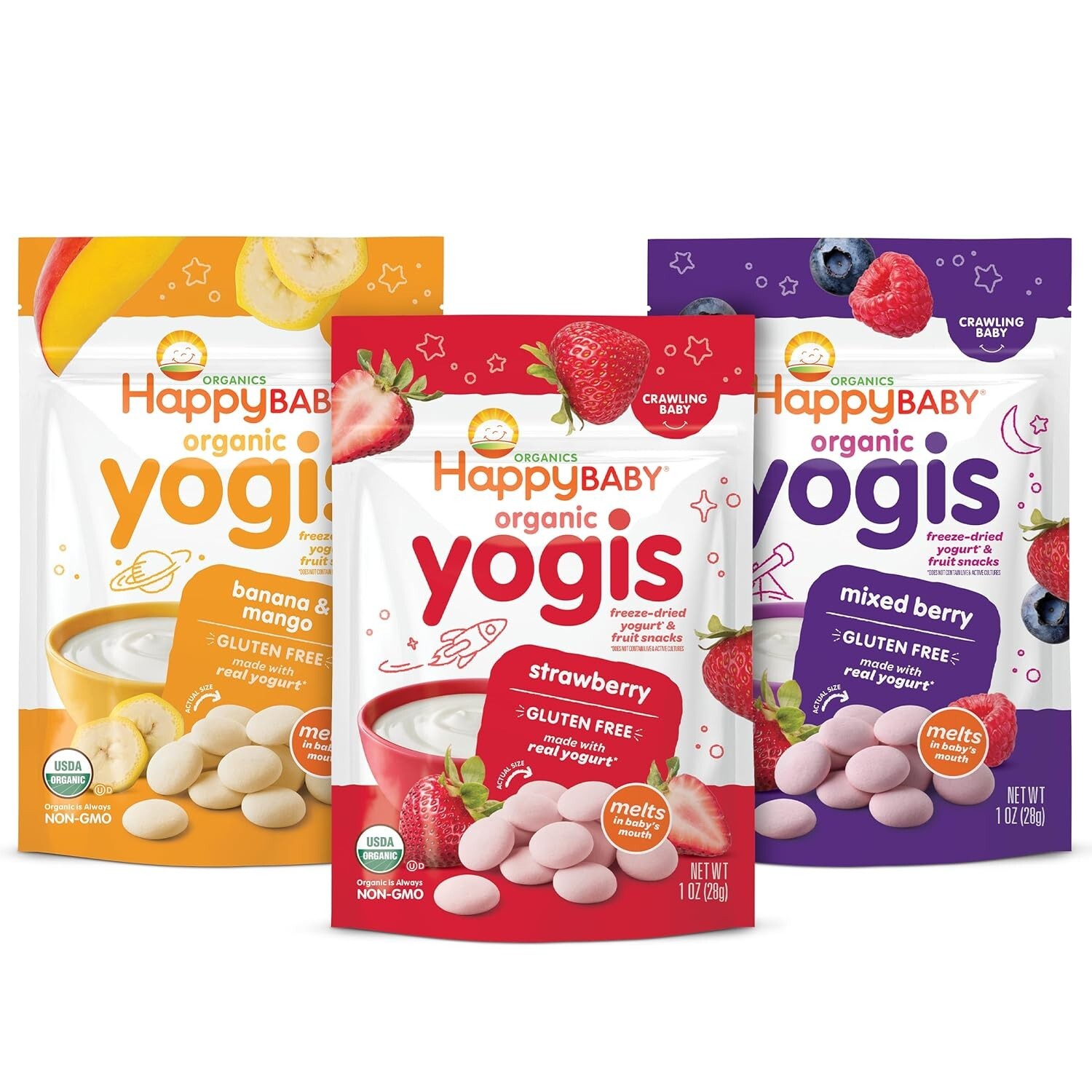 Happy Baby Organics Baby Snacks, Yogis, Freeze Dried Yogurt & Fruit Snacks, Glut