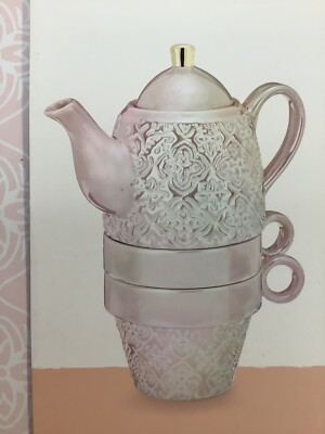 PINKY UP TAYLOR TEA FOR TWO PINK & GOLD TEAPOT AND 2 TEACUPS STACKABLE SET NEW
