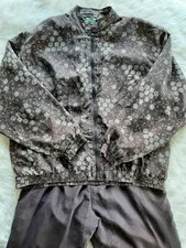  Vintage Outbrook Women's Brown Floral Print 100% silk Jacket Pants Set Siz XL