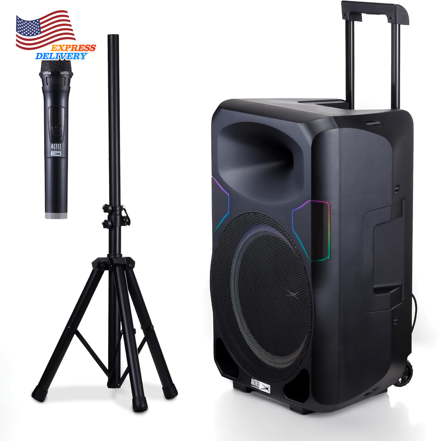 Altec Lansing Portable Bluetooth Party Speaker with PA Lights Mic & Stand