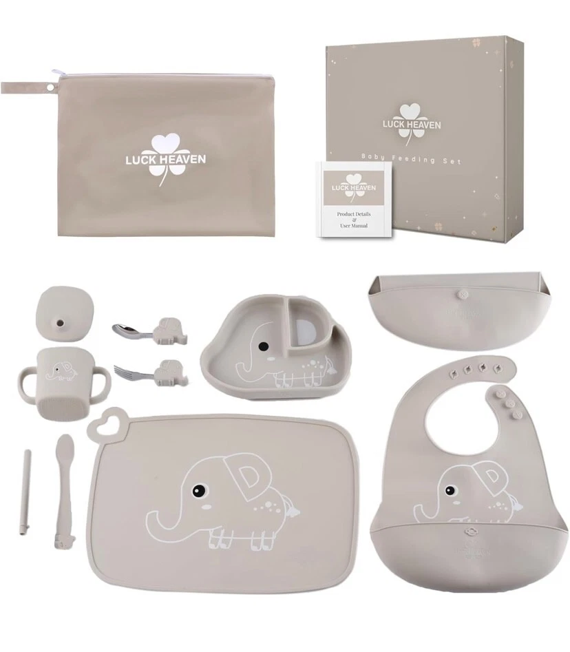LUCK HEAVEN Silicone Baby Bib Feeding Set Weaning Supplies Bowl Spoon Elephant