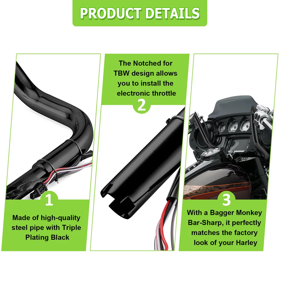 Manillar de barra Meathook de 12" precableado para Harley Street Glide Special 2014-2023 Foto 4 de 4