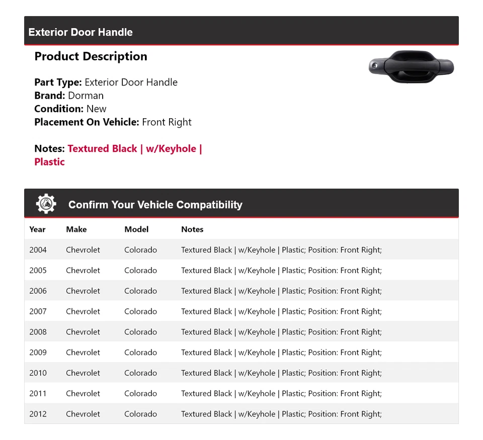 Maçaneta externa dianteira direita 2005 Chevrolet Colorado Dorman 2004-2012 - Imagem 2 de 4