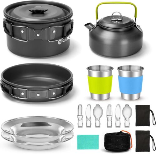 15pcs Camping Cookware Mess Kit, Non-Stick Lightweight Pot Pan Kettle Set with S