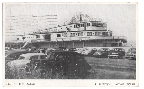 Top Of The Ocean Restaurant und alte Autos in der Altstadt Tacoma WA 1948