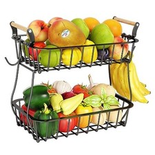 2 Tier Fruit Basket with 2 Banana Hangers, Black 2 Tier with Banana Hangers 