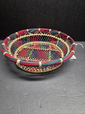 VINTAGE HAND-WOVEN WICKER RATTAN BASKET BOWL-COLORFUL OPEN WEAVE-BOHO-FARMHOUSE