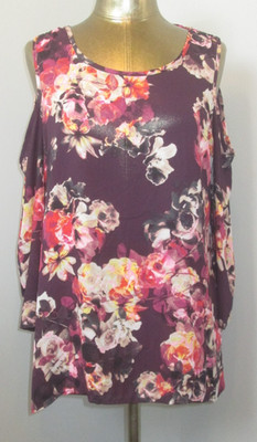 Cupio Purple Floral Top Womens Size L Chest 42 Cold Shoulder Sleeve 308-34899