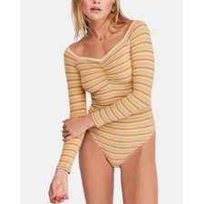 Intimately Free People Striped Ribbed Sweetheart Long Sleeve Bodysuit Yellow L