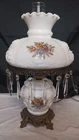 Vintage Fenton Puffy Rose milk glass hurricane 3 Way Lamp With Prims