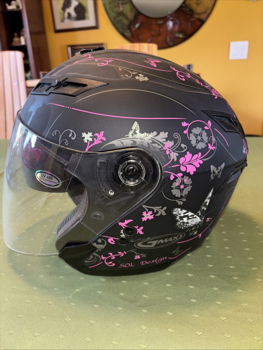GMAX 67S Sol Design DOT Motorcycle Helmet Flat Black Pink/Silver