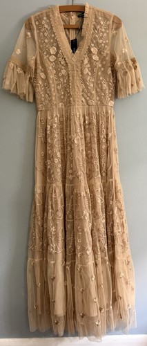Tolani Midi Dress S Champagne Floral Embroidered Tulle V-Neck Zip NWT