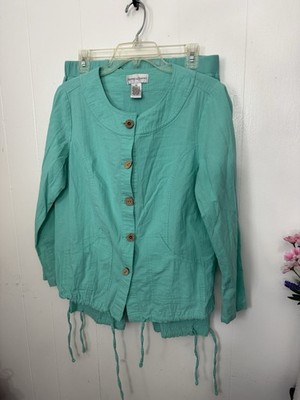 Drapers & Damons 2 Pc Capri Set M Teal Coastal Resort Cotton Matching Outfit