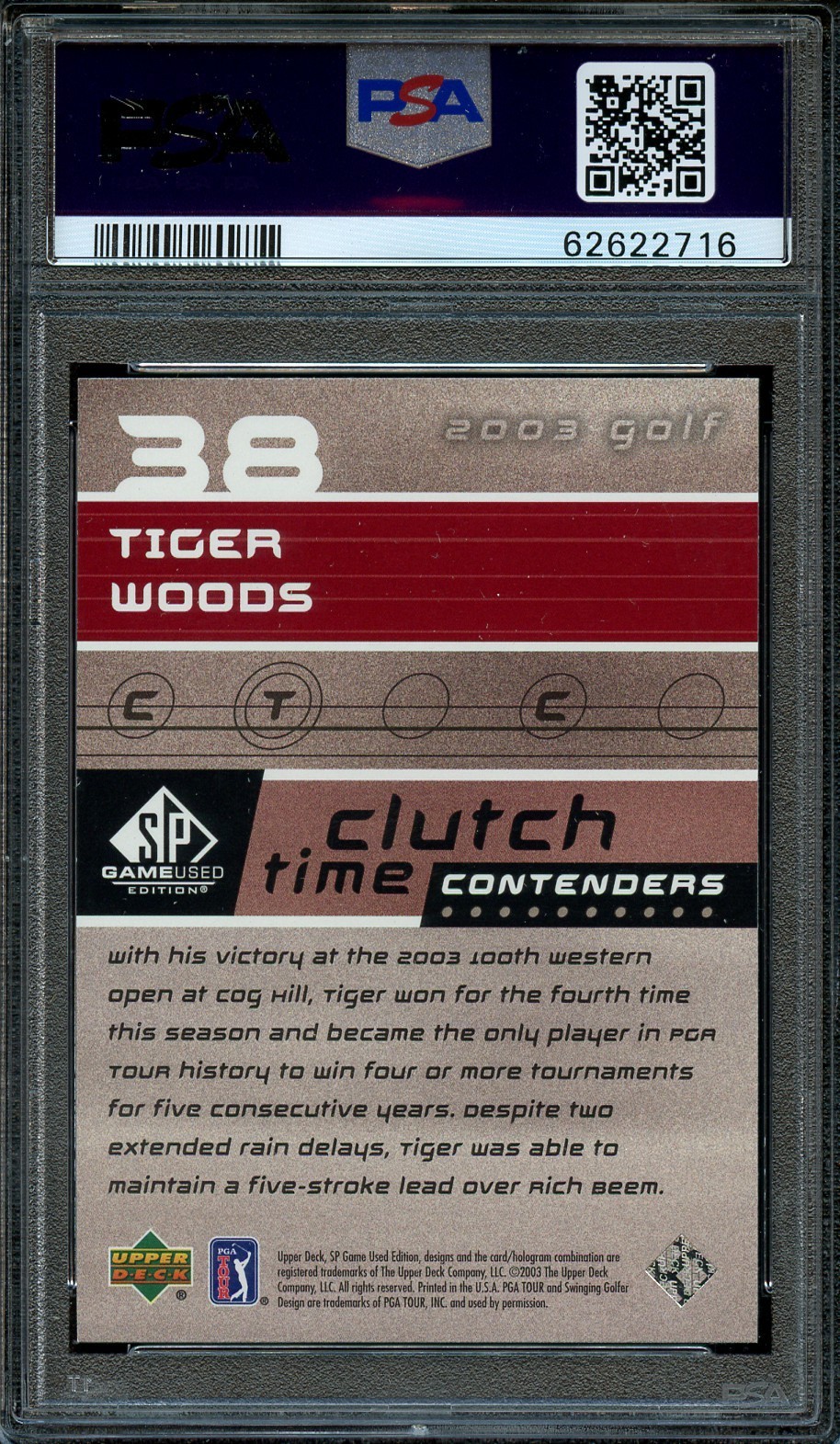 2003 SP Game Used Golf Tiger Woods Clutch Time Contenders PSA 10 Gem Mint GOAT view 2