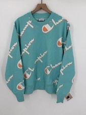 NEW Champion Reverse Weave Sweatshirt Men  s Large Blue All Over Print Big Logo