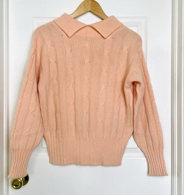 N.Peal Peach Pink 2 Ply 100% Cashmere Cable Knit Polo Sweater Scotland Medium