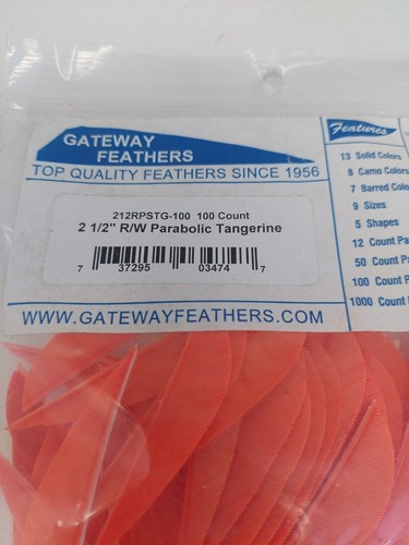 100pk Gateway Feathers 2.5" Right Wing: Parabolic Tangerine Orange 212RPSTG-100 - Picture 3 of 4