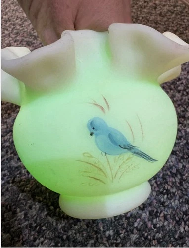 Fenton Satin Custard Uranium Blue Birds Ruffled Bowl Vase Signed Hand Painted
