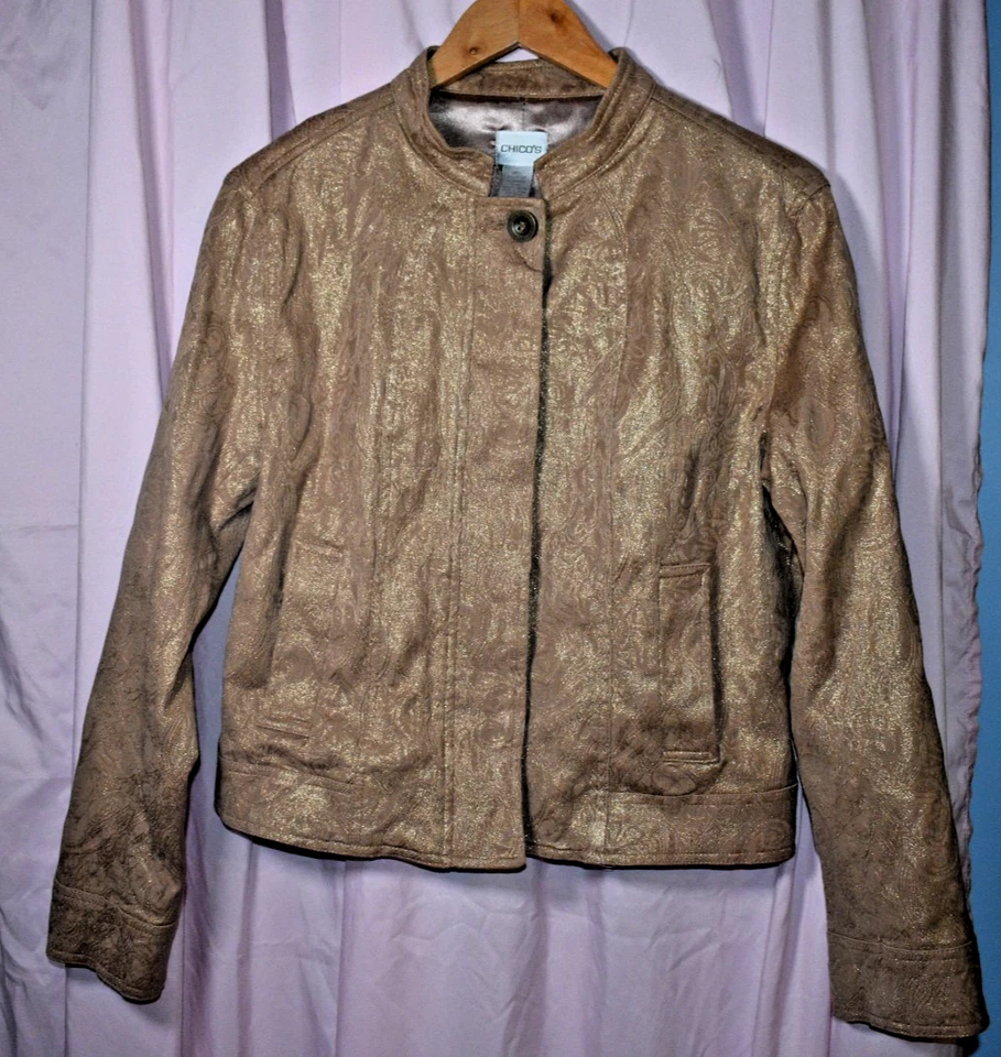 Chaqueta de cuero sintético Chico’s para mujer talla 1 mediana marrón metálico estilo moto Foto 3 de 4