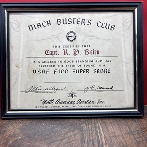 VINTAG CERTIFICATE MACH BUSTER'S CLUB SPEED OF SOUND IN USAF F100 SABRE JET 1954