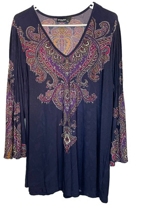EFFORTLESS STYLE Flared Sleeve V-Neck Multicolor Tunic Blouse Women's Size L