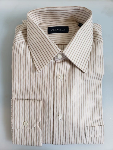 Men's NWT Canali Italy Dress Shirt Long Sleeve Beige Striped Pointed Collar 