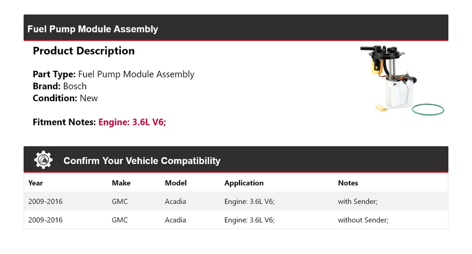 Conjunto de módulo de bomba de combustible Bosch para GMC Acadia 2009-2016 3,6 L V6 2010 2011 2012 Foto 2 de 4