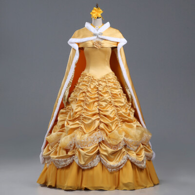 Princess Belle Dress Halloween Cosplay Costume Party Ball Gown With Cloak
