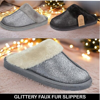 Damen Frauen Ella Sparkle Glitzer warm Kunstfell gefüttert Memory Foam Pantolette Hausschuhe