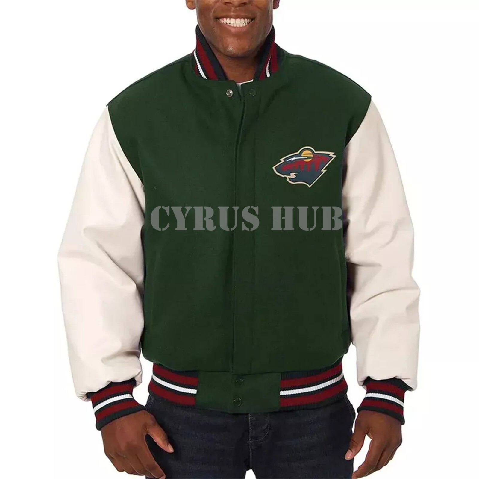 Minnesota Wild Varsity Jacket Green Wool & White Leather Sleeves Letterman Style