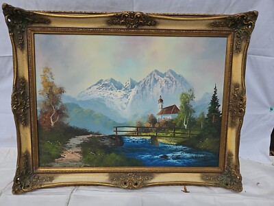 Oil painting on canvas-Ramsau Alps-by painter Krapp 1940 in gold frame