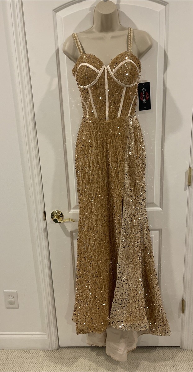 Cocomo 2 Two Gold Tones Sequin Maxi Formal Gown Slit Dress Bustier Strap |  eBay
