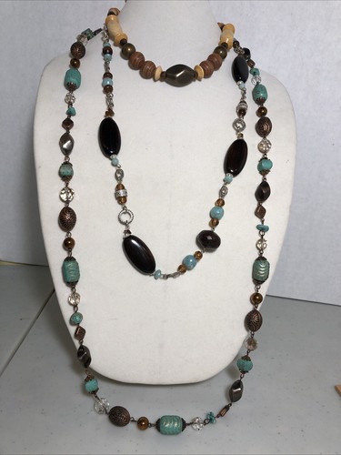 Lot Of 3 Chunky Statement Necklaces Turquoise Multicolored Wood - Picture 2 of 12