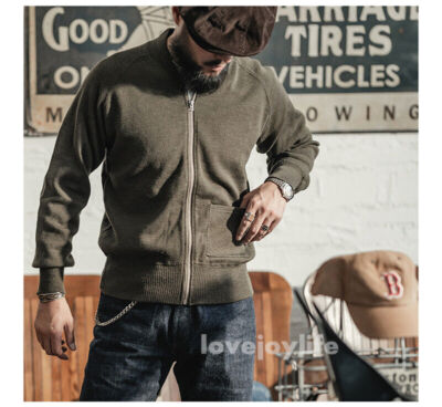Bronson USAAF C-2 Men Zipped Wool Sweater Knitted Cardigan C2 Coat