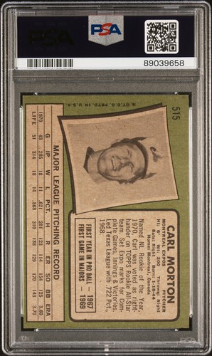 Carl Morton Topps #515 1971 - PSA 6 - Imagen 2 de 2