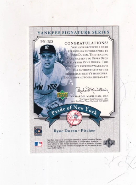 2003 RYNE DUREN UPPER DECK PRIDE OF NEW YORK AUTO/AUTOGRAPH NEW YORK YANKEES - Image 2 of 2