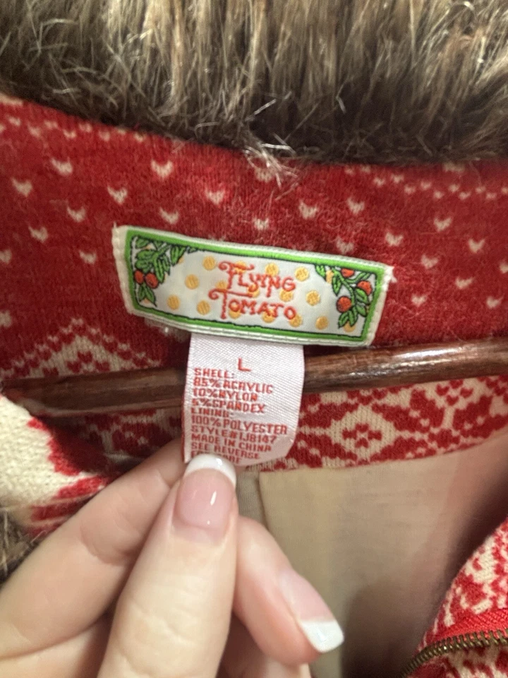 VTG Women LG Long Christmas Sweater Full Zip Reindeer Fur Collar & Balls Tomato - Image 2 of 4